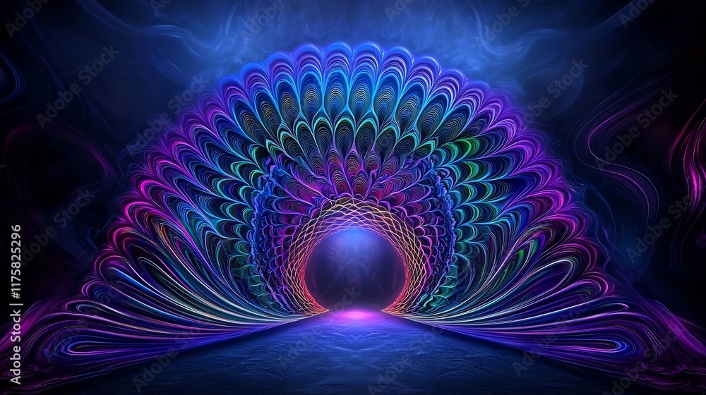 Poster mesmerizing iridescent rhythmic and kaleidoscopic abstract geometric digital art composition with vi