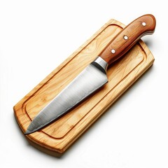 A sharp chef's knife with a wooden handle rests on a light wooden cutting board.
