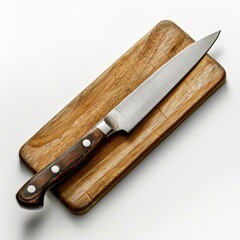 A sharp kitchen knife rests on a worn wooden cutting board, ready for culinary tasks.