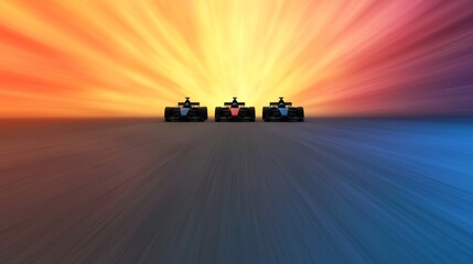 Three Formula 1 Cars Racing Towards Sunset Digital Art, Speed, Competition, Motion Blur Formula 1, Racing