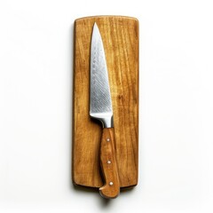 A chef's knife with a damascus blade rests on a wooden cutting board.