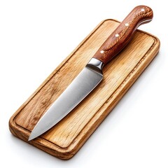 A sharp kitchen knife with a wooden handle rests on a wooden cutting board.