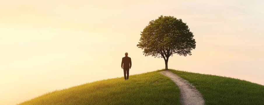 Man Walking Towards a Tree on a Hill, Digital Art, Nature, Landscape, Solitude Nature Photography, Environmental Art