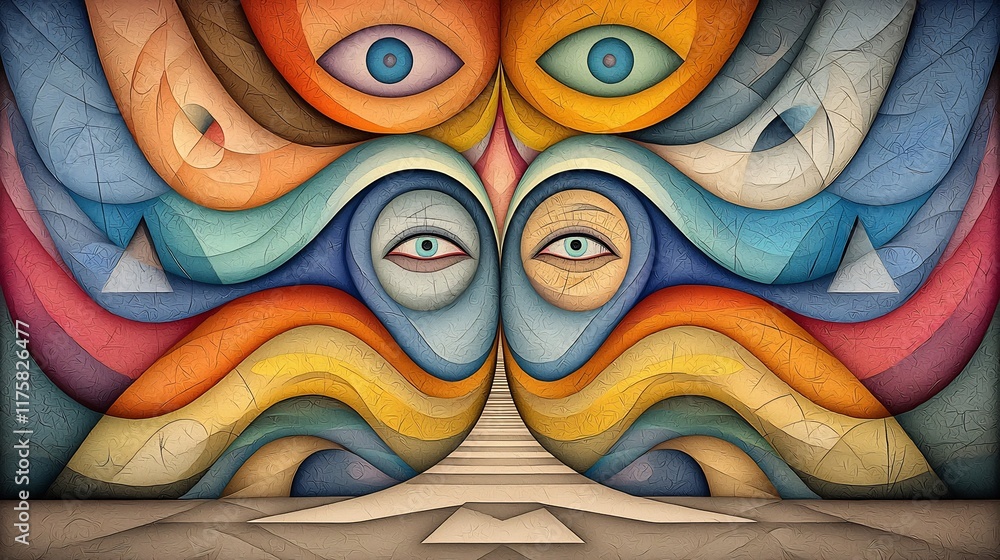 Poster stunning abstract pattern with fluid iridescent curves in a visually striking kaleidoscopic arrangem