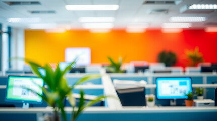 A blurred, wide shot of an open office space with computer monitors and some plants. There is a colorful wall with yellow and red sections in the background