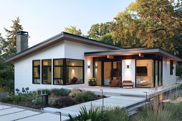 Modern white house with a single floor and a simple style. The house has horizontal siding and a flat roof that slopes slightly, Generative AI.