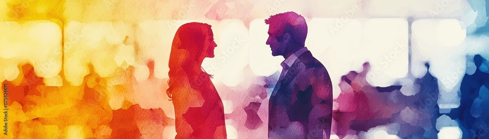 Aufkleber romantic encounter in a busy urban setting with soft bokeh effect and warm color palette during suns