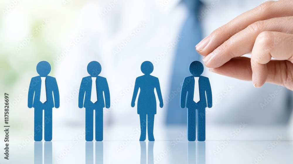 Poster business concept of selecting team members with figures representing diverse roles and skills in an 