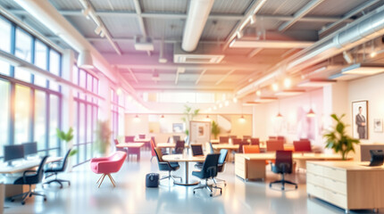 A modern office space with a large window wall, open layout, and a few chairs and desks. It features warm tones and sunlight creating a comfortable, professional work environment
