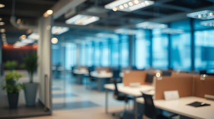blurred view of a modern office with desks, plants, and large windows. The image is meant to show a generic workspace interior