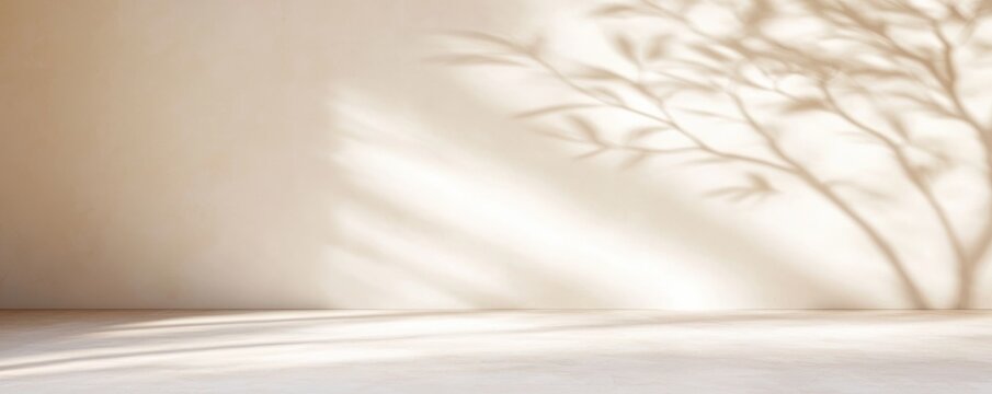 Beige Wall with Plant Shadow, Minimalist Composition, Empty Room, Light and Shadow, Interior Design Minimalist, Shadowgraphy