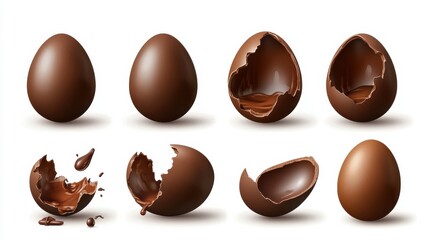 Fototapeta premium Chocolate eggs set. Isolated whole, broken, exploded, cracked and open brown eggs collection. Realistic sweet chocolate candy dessert icons. Vector Easter holiday celebration concept