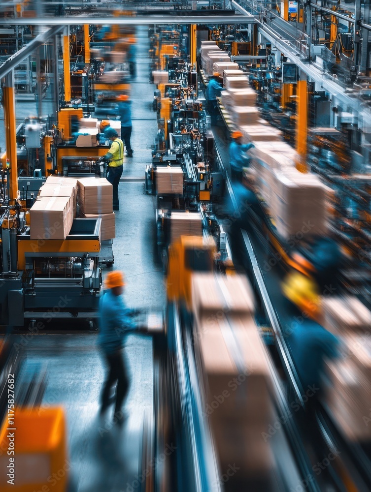 Poster busy factory assembly line with blurred workers operating machinery and handling packages. atmospher
