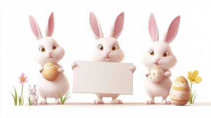 Fototapeta premium Easter bunny. Modern egg, bunnies for kids standing with placard. Rabbit or hare, spring festive animal with flower and chick. Cartoon holiday decent vector character