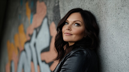 Naklejka premium Confident young overweight woman poses stylishly against a colorful urban backdrop in daylight