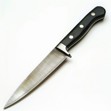 A sharp chef's knife with a black handle rests on a white background.