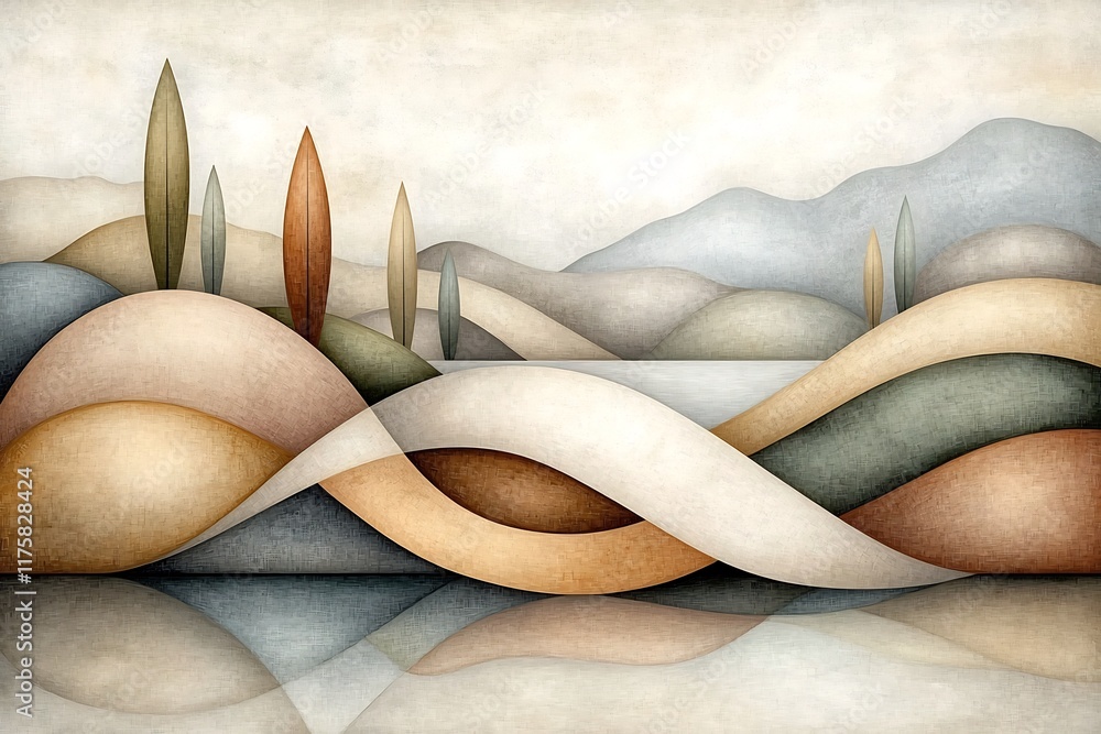 Poster elegant abstract wallpaper pattern showcasing sinuous interlocking curved shapes in a warm earthy co
