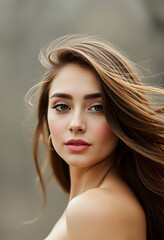 female face with long beauty hair, with white tones