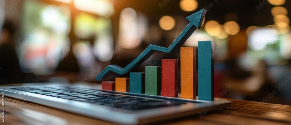 Aufkleber growth chart displayed on a laptop keyboard with blurred background of a modern office environment