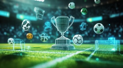 3D Sports Trophies and Icons in Digital Field Setting