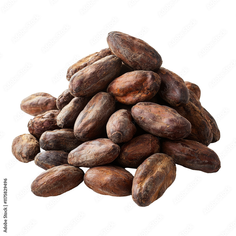 Poster a pile of cocoa beans on a transparent background showcasing their rich, natural texture and shape, 