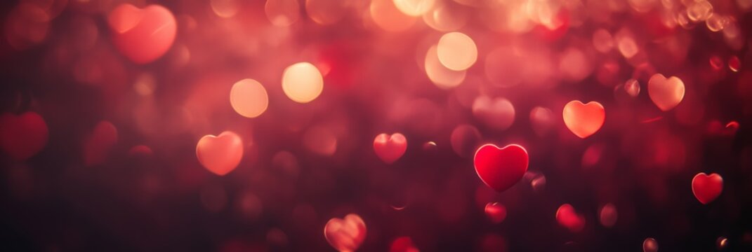 Blurred shiny red hearts floating on a warm red bokeh background creating a romantic atmosphere for valentine's day, mother's day or any special occasion celebrating love and affection