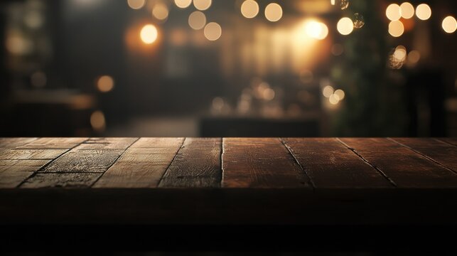 Empty wooden table in front of blurred cafe bar or restaurant. Abstract lights bokeh background, front view, free space for your product.