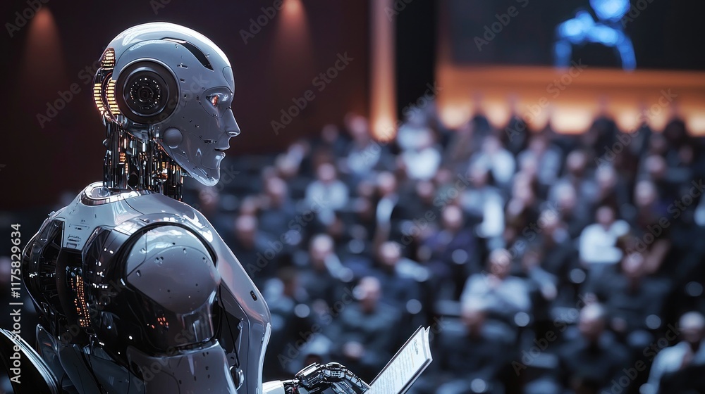 Poster advanced robotic speaker addressing a large audience