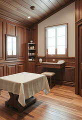 Table covered with a cloth in a cabin of a beauty salon with many wooden details, minimalism, with white tones