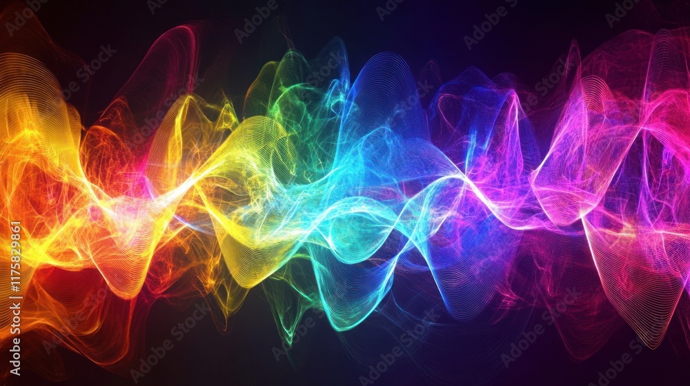 Poster vibrant abstract waveforms in vivid colors reflecting the energy and motion of sound frequencies in 