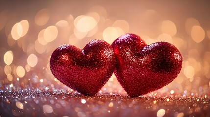 Two Glittering Red Hearts Resting On Sparkling Surface