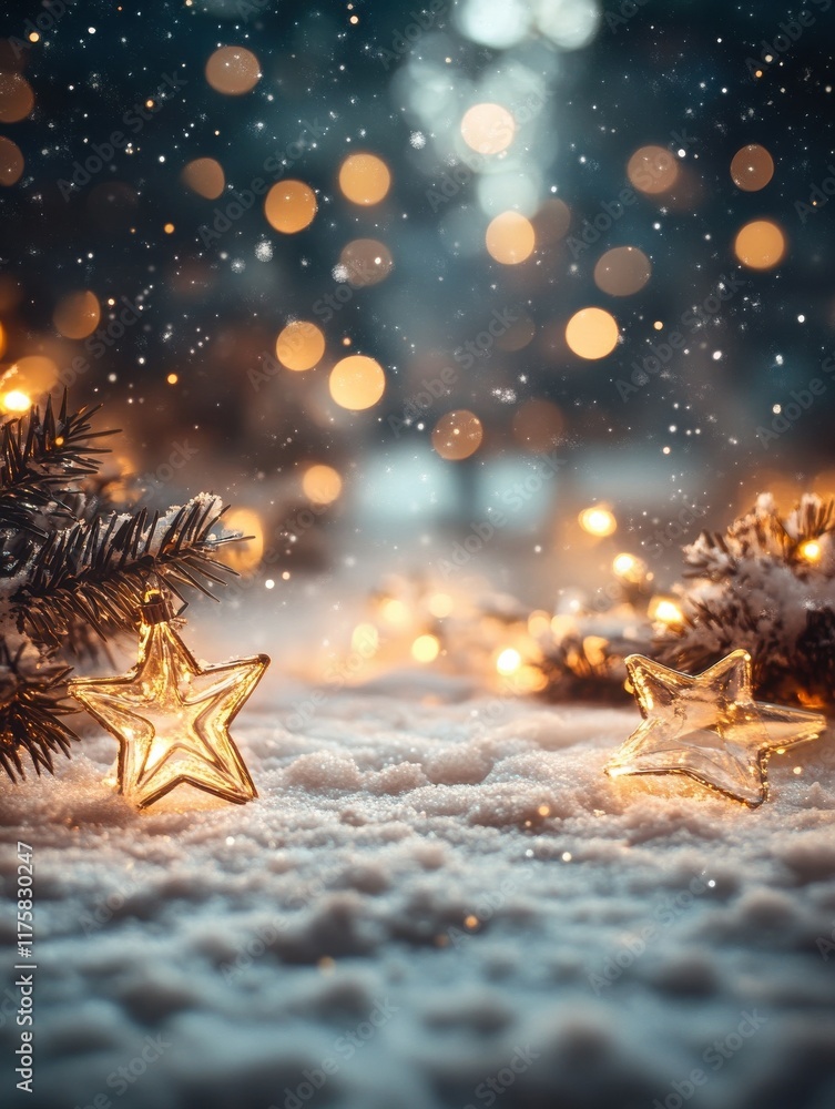 Poster soft, blurred background of white snow with bokeh lights and sparkling stars, creating an enchanting