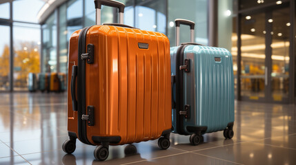 Two brightly colored suitcases are placed on the shiny airport floor, ready for travel