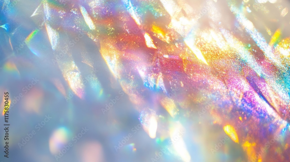 Poster dreamy holographic rainbow light refraction texture overlay with abstract soft bokeh effect on a whi