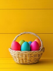 Naklejka premium easter, holidays and tradition concept - close up of colored eggs in basket over yellow wooden boards background