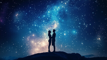 Silhouette of couple in love under starry night sky with cosmic background
