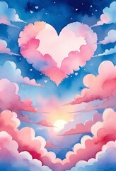 Obraz premium Heart-shaped clouds in pink and blue, fantasy sky with dreamy sunset light. Romantic illustration for Valentine's Day