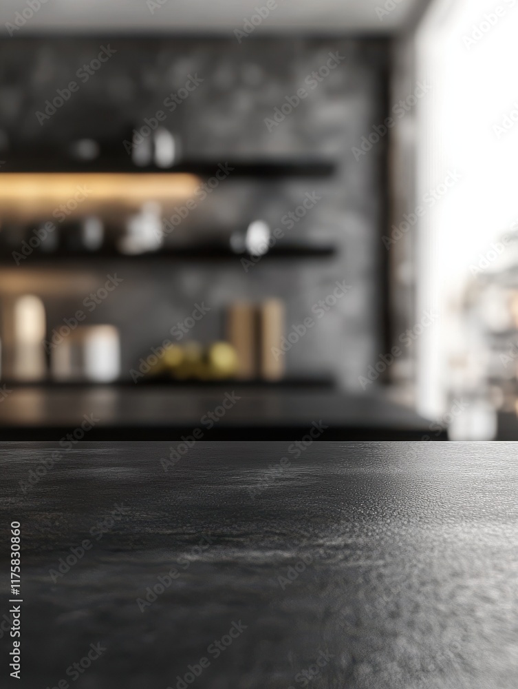 Poster 3d rendering of a blurred gray background with a black desk space