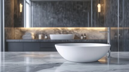 Empty marble table top. Blurred bathroom interior background