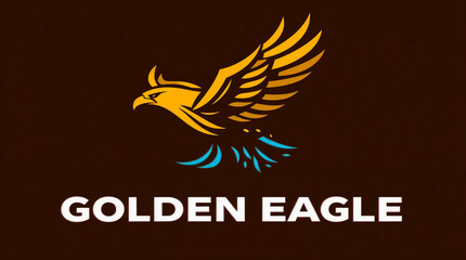 Obraz premium Dynamic logo design featuring a golden eagle in geometric shapes and clean lines. Brown and blue color scheme