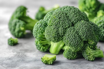Fresh Green Broccoli Florets Arranged on Grey Surface