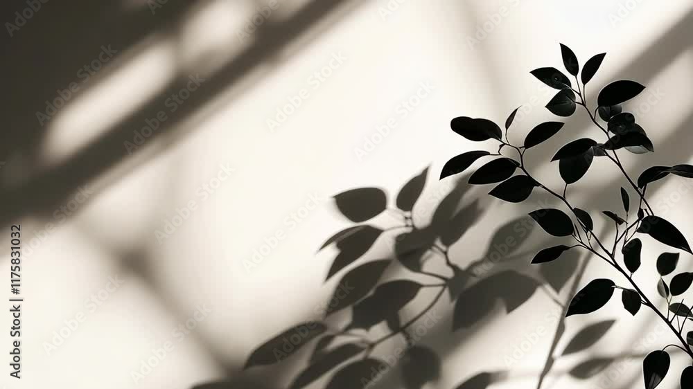 Poster shadows of leaves create a delicate pattern on a light background in a serene indoor space during th
