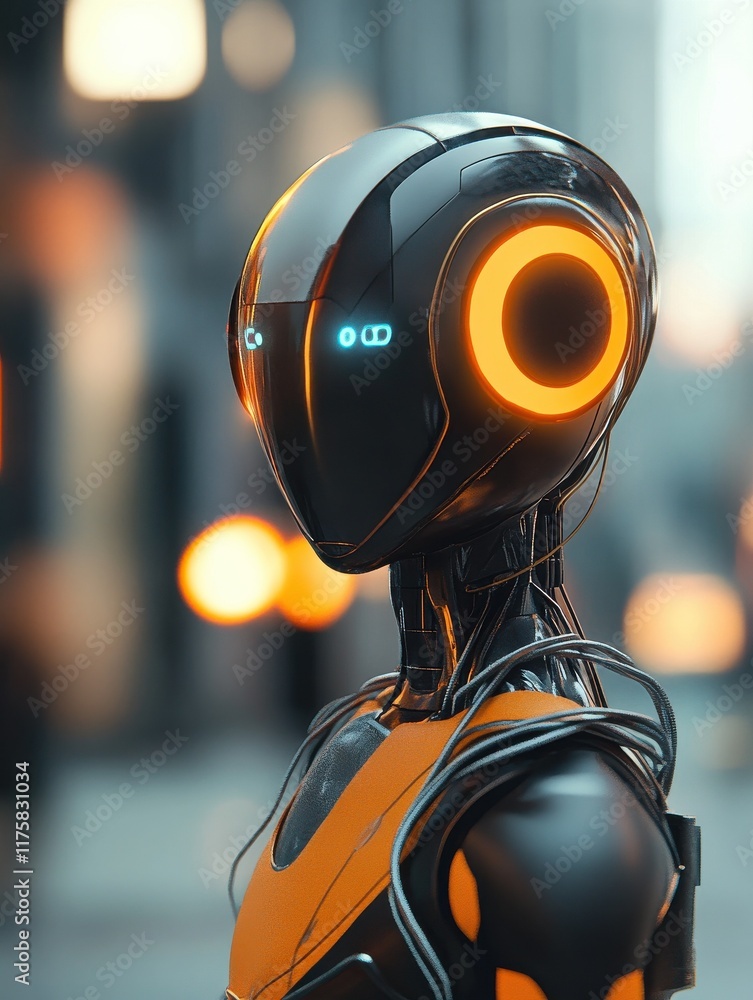 Poster generative ai illustration of futuristic smart robot with bright eyes and connecting wire neck stand