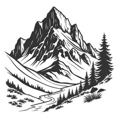 Obraz premium Mountain silhouette - vector icon. Rocky peaks. Mountains ranges. Black and white mountain icon