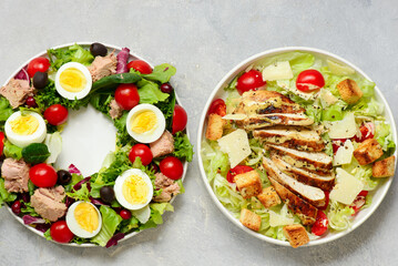 Festive Tuna Wreath Salad with tuna, eggs, cherry tomatoes and olives