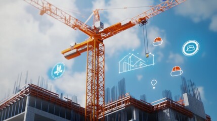 Construction Site with Tower Crane and Safety Icons