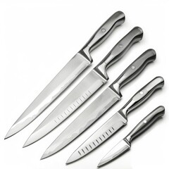 Fototapeta premium Set of five gleaming stainless steel kitchen knives with elegant damascus patterns, perfect for professional or home use.