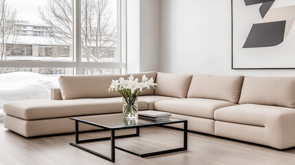Modern living room design features light gray sectional sofa and glass coffee table with floral centerpiece