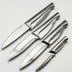 Obraz premium Four sleek, stainless steel knives arranged in descending size, showcasing elegant design and craftsmanship.
