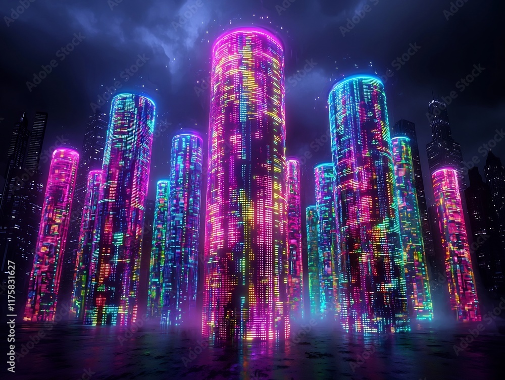 Poster intricate geometrical compositions of luminous data streams forging a captivating futuristic city gl